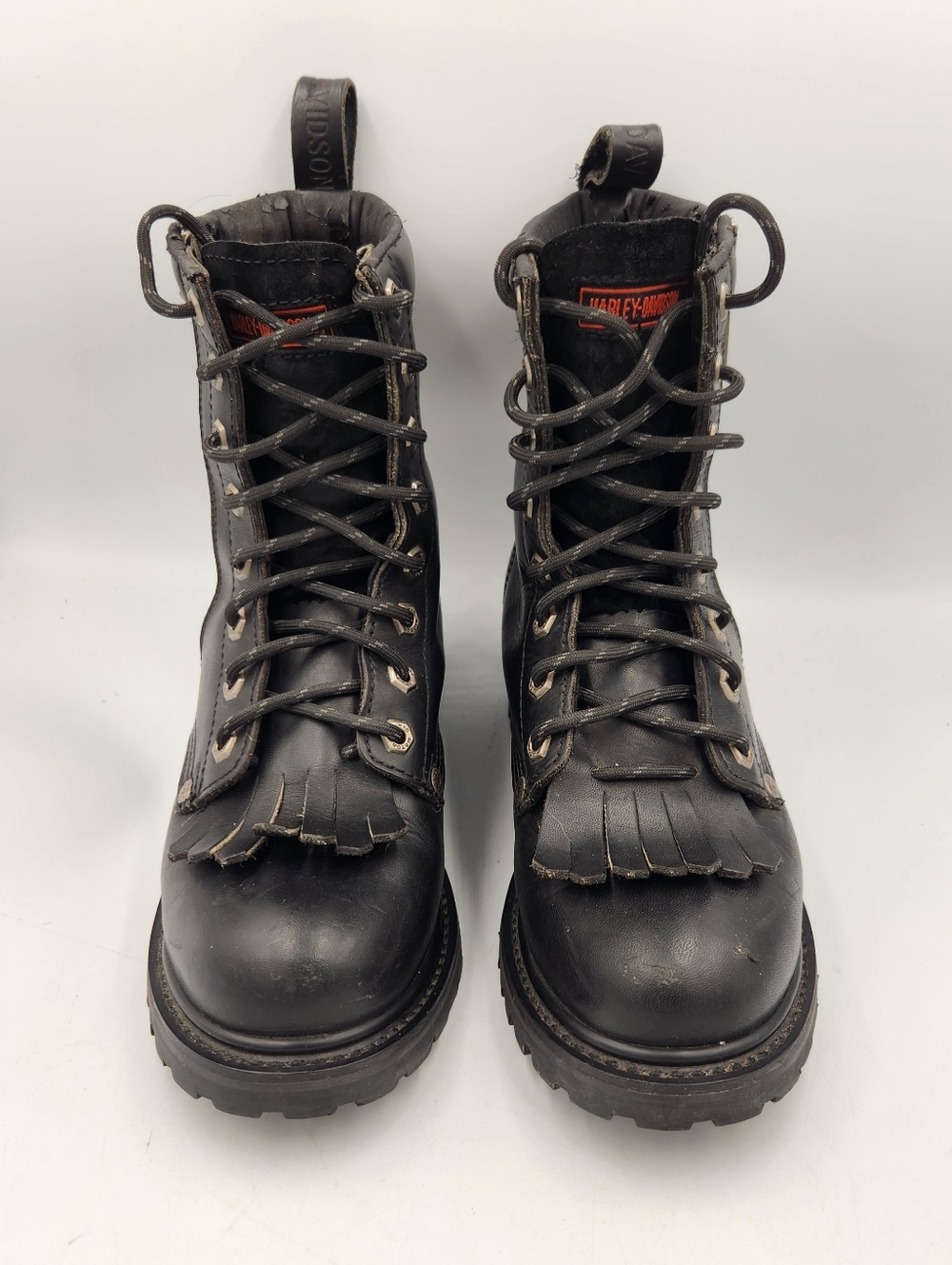 Harley Davidson Fringe Kiltie Biker Boots Womens 8 Black Leather Ankle Lug Moto - Picture 2 of 12